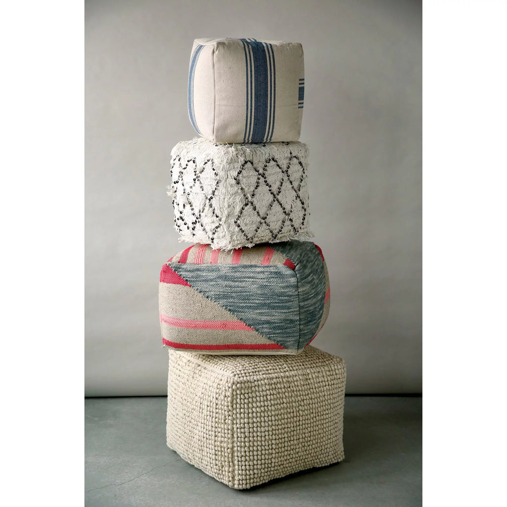 White Moroccan Wedding Quilt Pouf with Fringe & Sequins N430