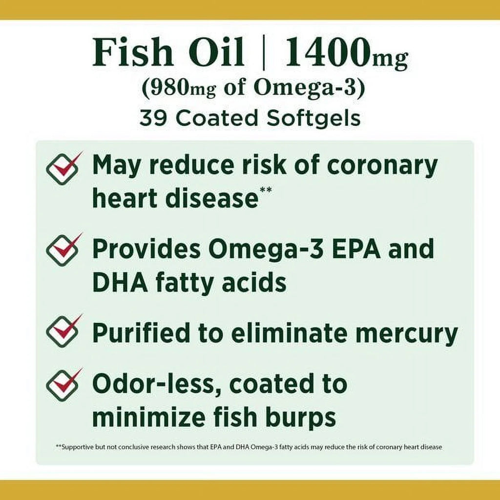 Fish Oil with Omega-3 Coated Softgels; 1400 mg; 39 Count V19896