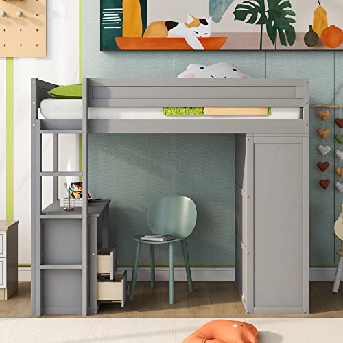 Full Size Wood Loft Bed with Desk Wardrobe Drawers Cabinet Grey T2449