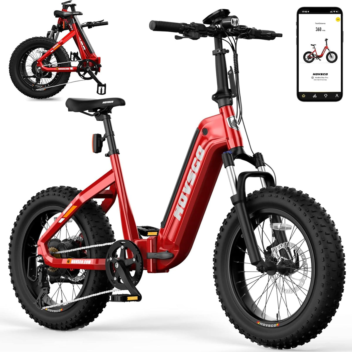 Red 20'' Fat Tire Electric Bike with 48V 15AH Battery and Shimano 7-Speed M62844