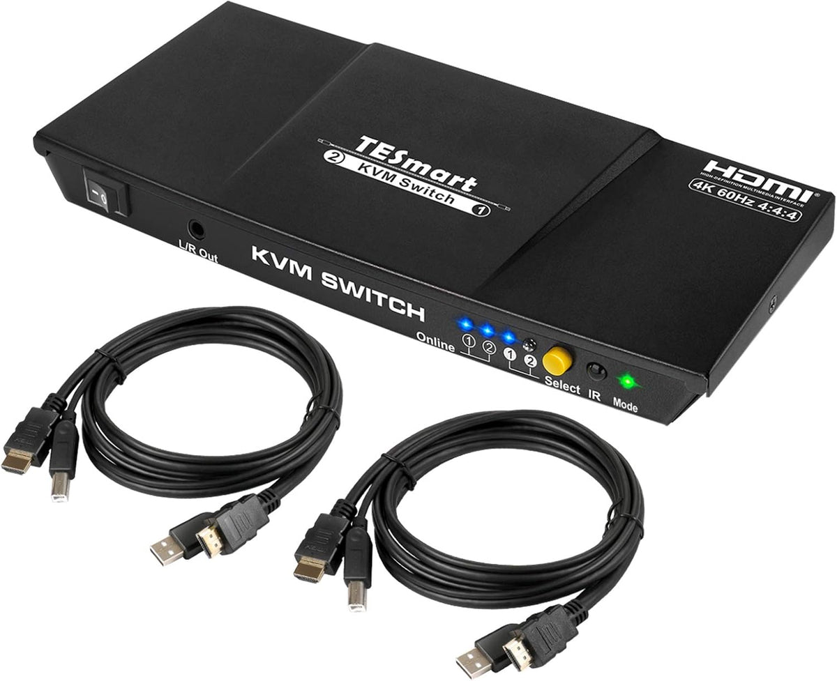 HDMI KVM Switch 2 Port 4K@60Hz Ultra HD 2x1 with 2 Pcs 5ft KVM Cables X32512