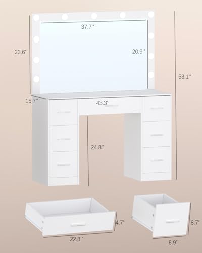 White Vanity Table with Lighted Mirror and Drawers O390159
