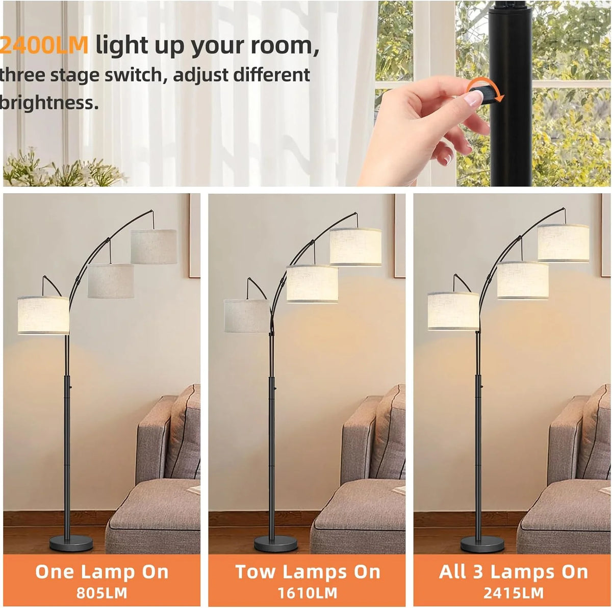 3 Head Arc Floor Lamp with 3 LED Bulbs K119