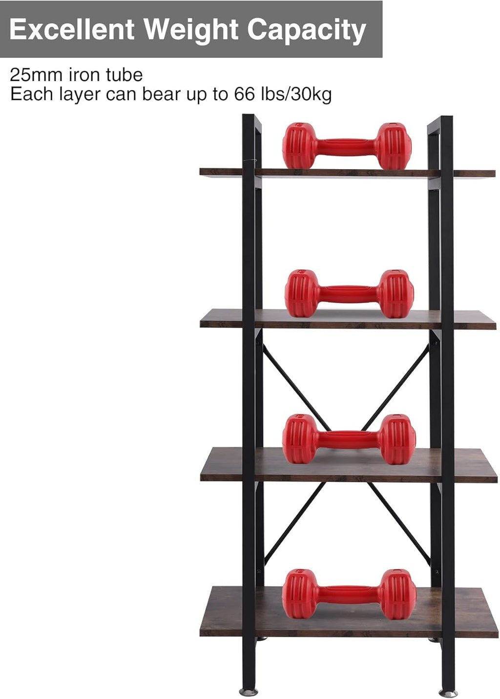 Industrial Bookshelf, 4 Tier Open Shelf Bookcase, Rustic Brown Q259