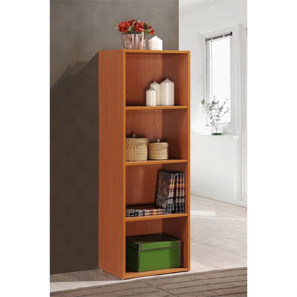 Four Shelf Wooden Bookcase in Cherry Finish J5436