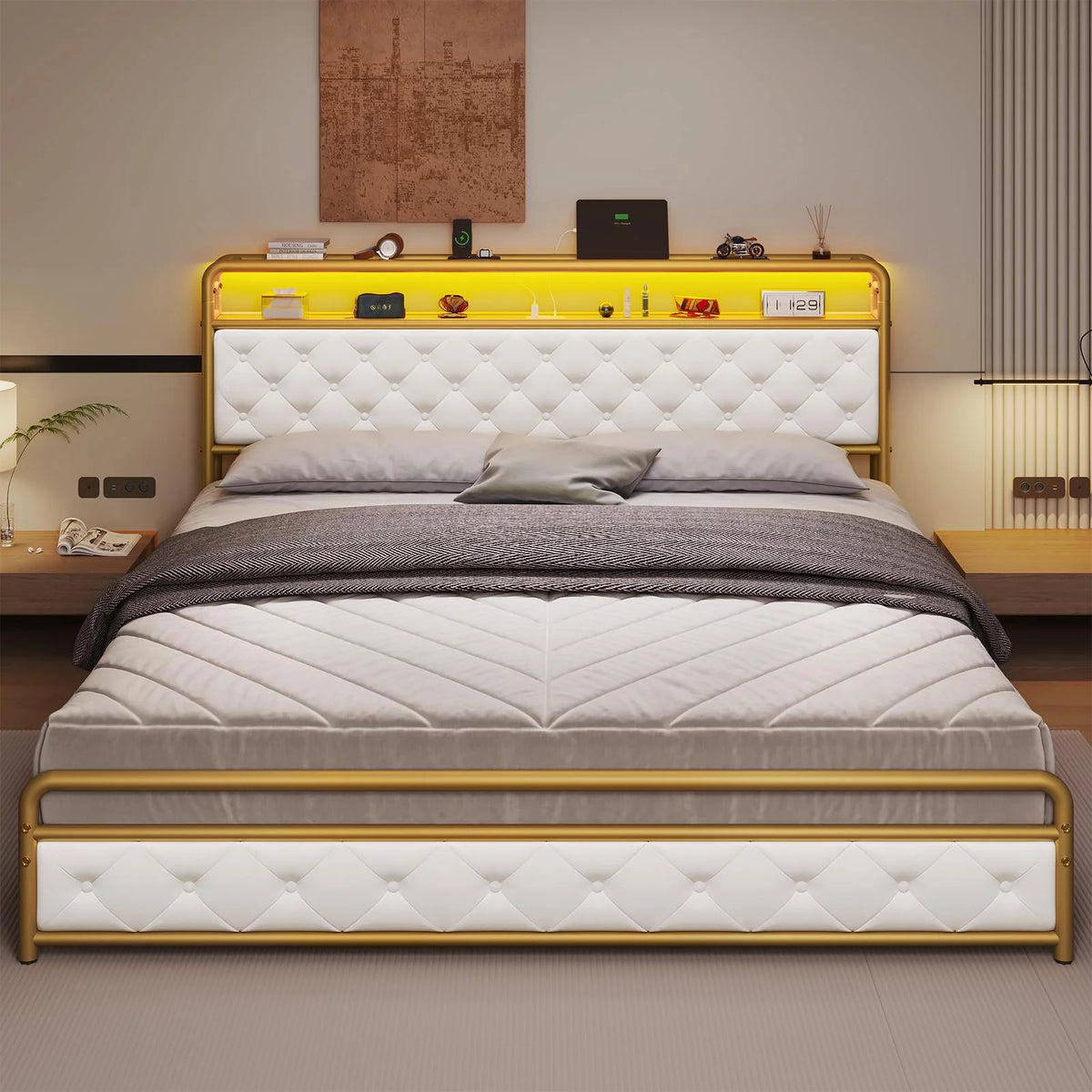 King LED Bed Frame with Power Outlets USB Ports Storage Headboard W6907