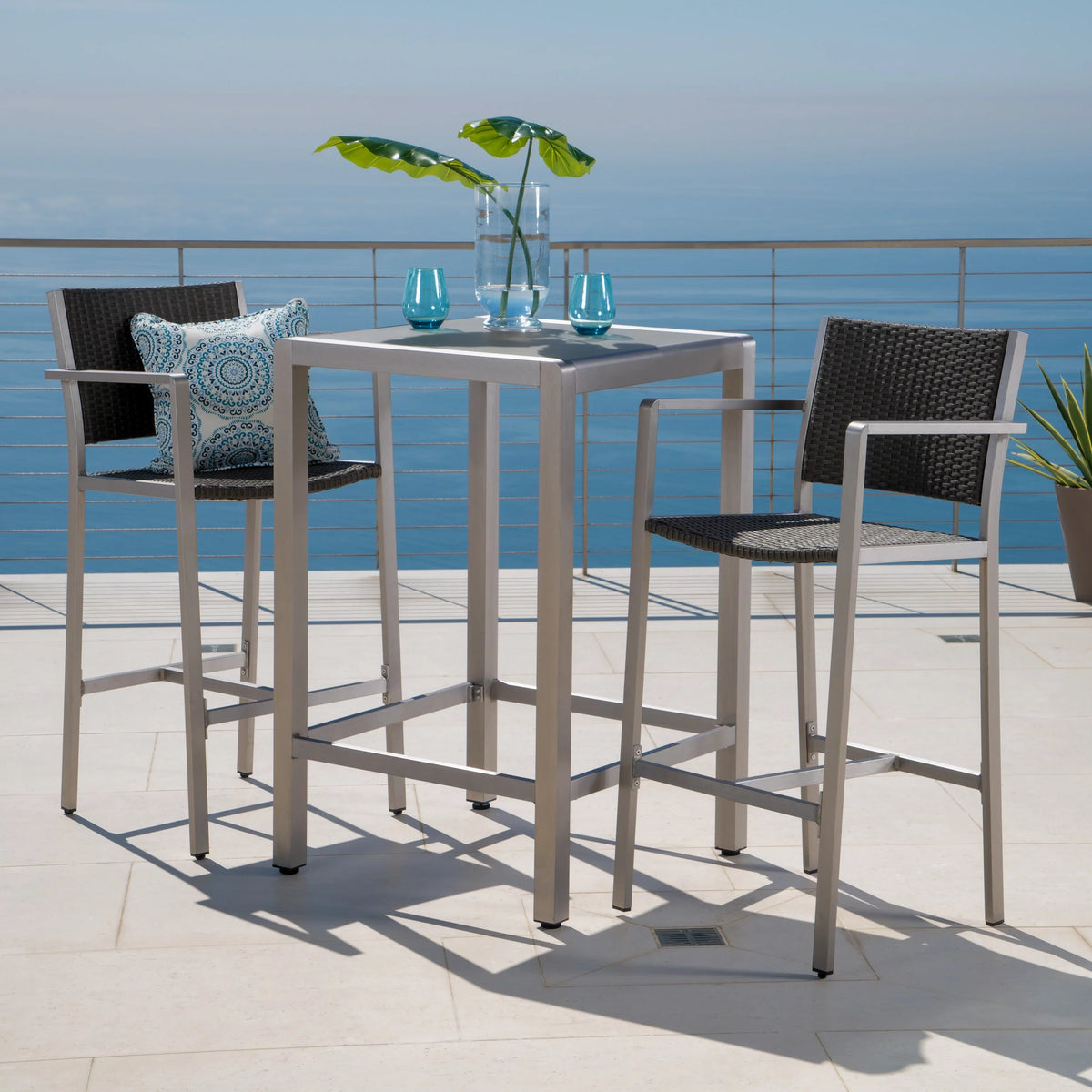3 Piece Grey Wicker Bar Set with Glass Table Top J243933