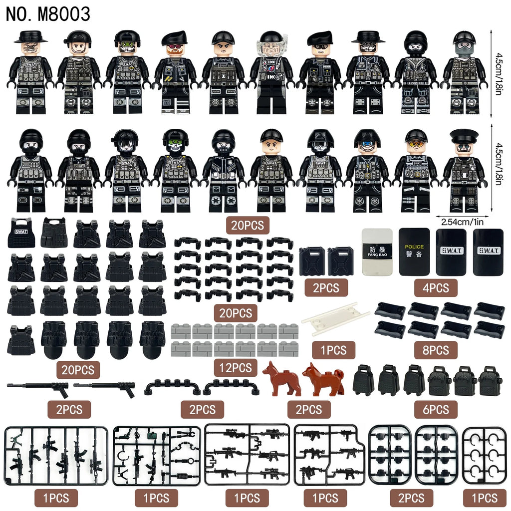 20 Pcs City Police Action Figures Building Blocks Set with Combat Equipment and Dogs Z6403