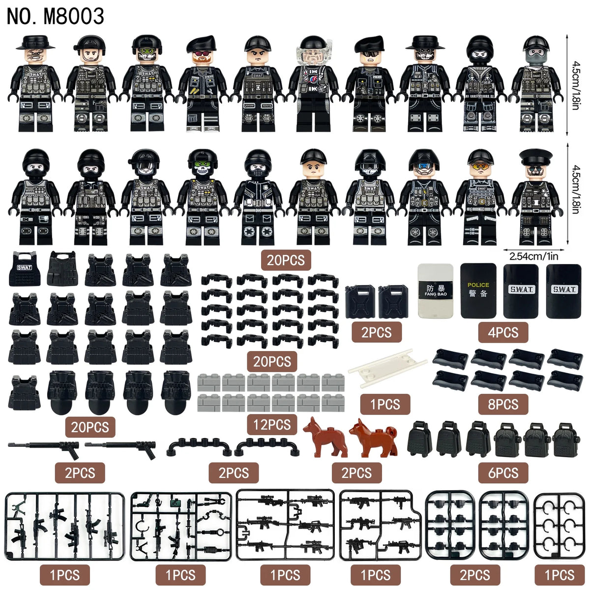 20 Pcs City Police Action Figures Building Blocks Set with Combat Equipment and Dogs Z6403