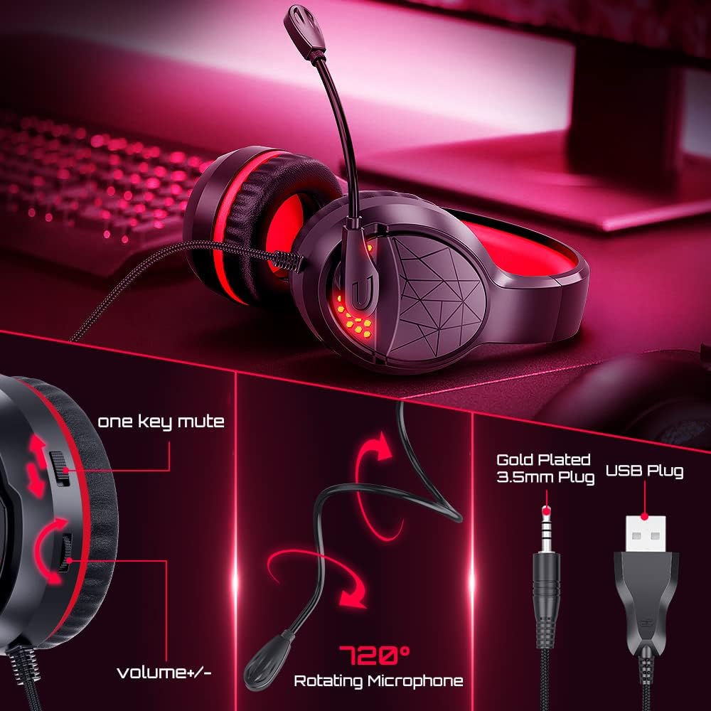 Gaming Headset Over Ear Headphones with Mic Red LED Light G291906
