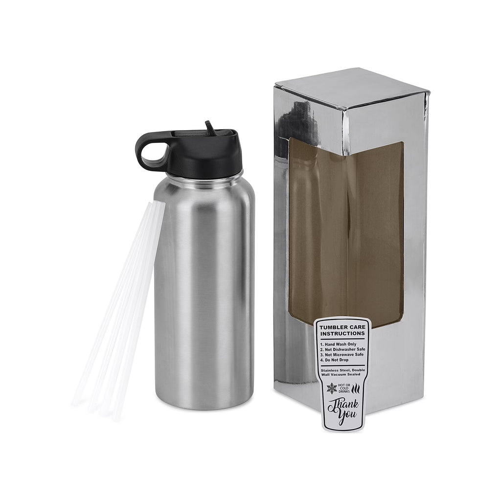 Silver 32 oz Vacuum-Insulated Water Bottle with 2 Lids S5609