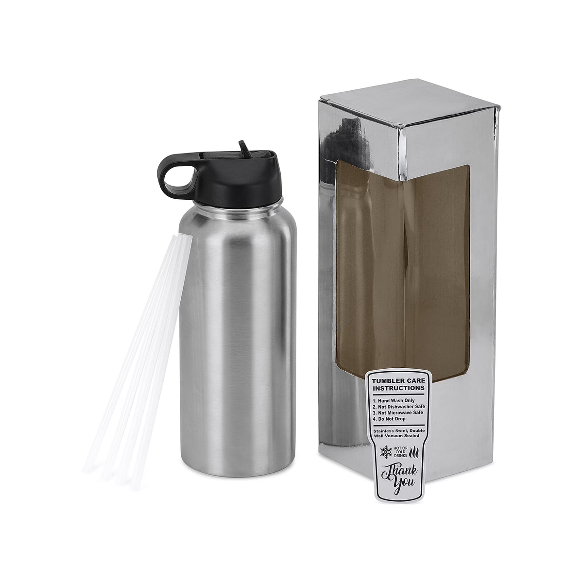 Silver 32 oz Vacuum-Insulated Water Bottle with 2 Lids S5609
