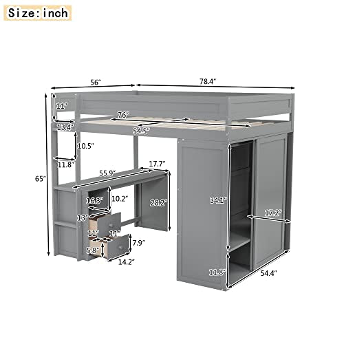 Full Size Wood Loft Bed with Desk Wardrobe Drawers Cabinet Grey T2449