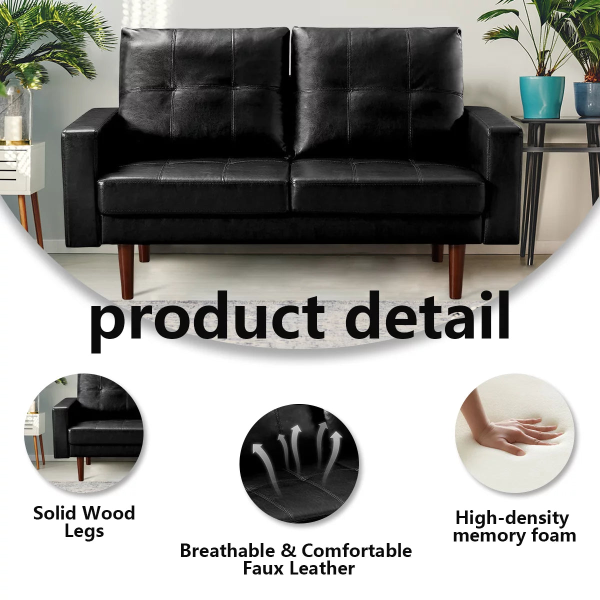 Pu Leather Loveseat with High-Density Foam Cushion and Solid Wood Legs J285