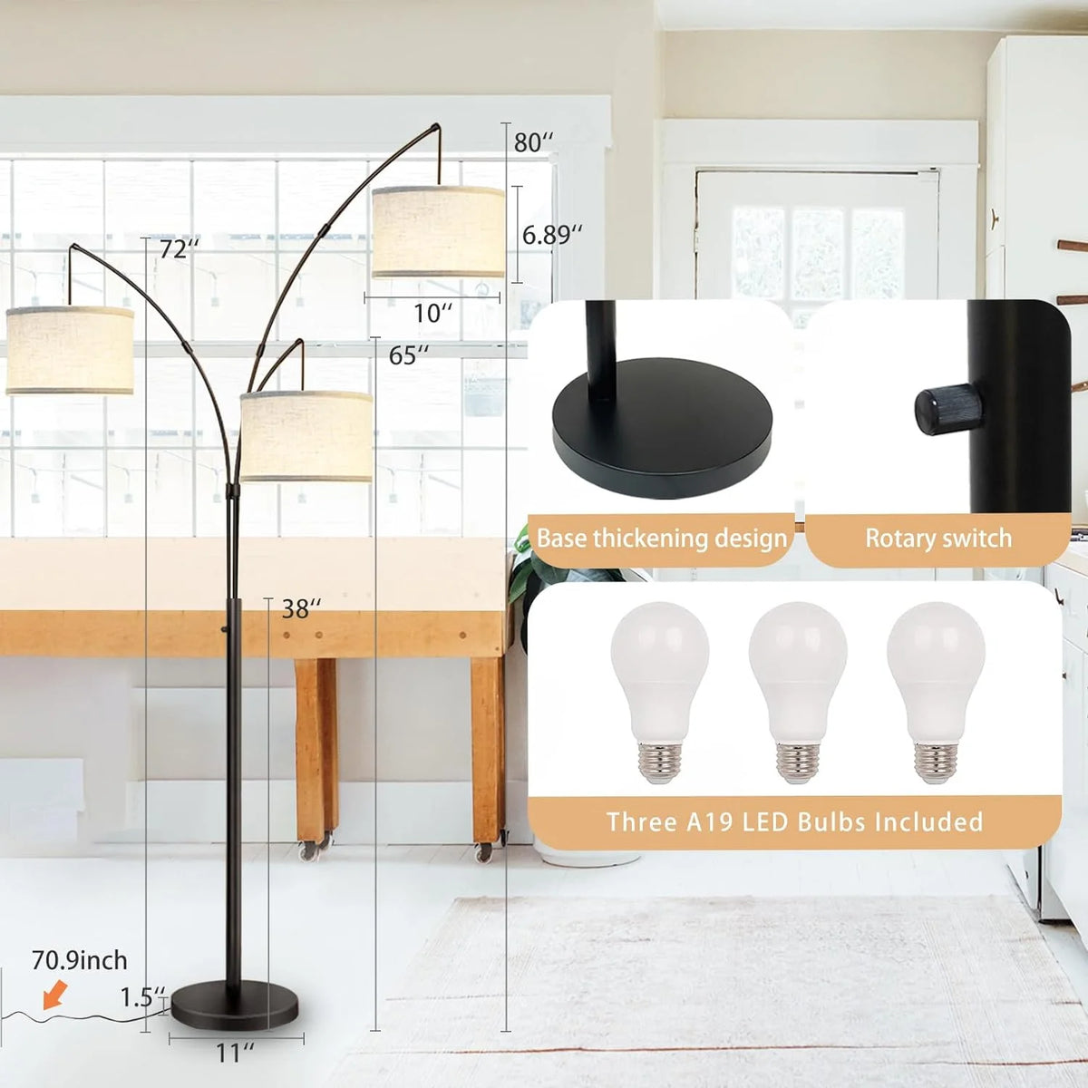3 Head Arc Floor Lamp with 3 LED Bulbs K119