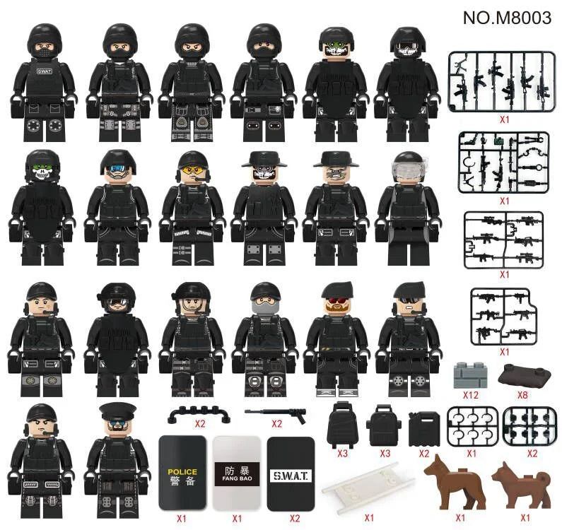 20 Pcs City Police Action Figures Building Blocks Set with Combat Equipment and Dogs Z6403