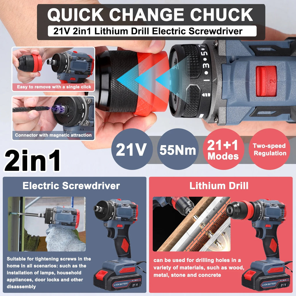 Electric Drill 2in1 Lithium Screwdriver Power Tool C585004