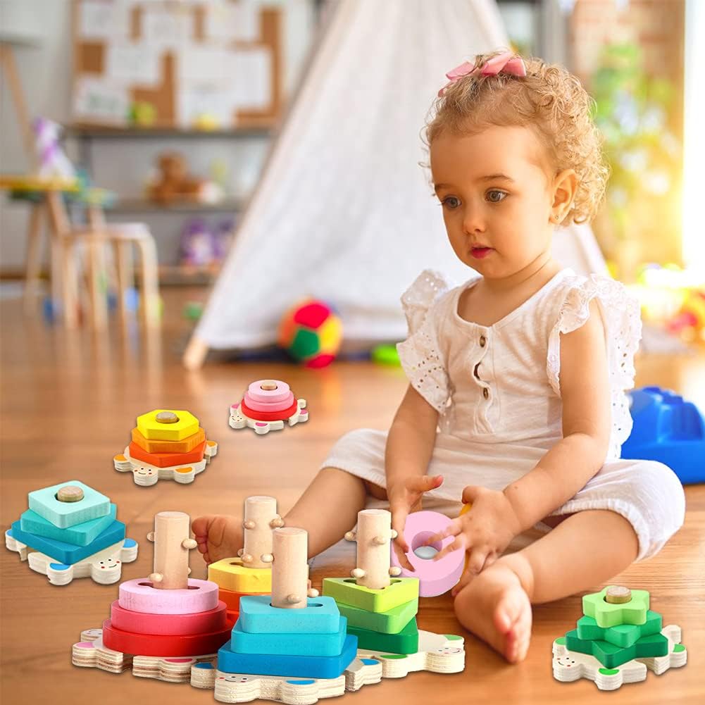 Wooden Shape Sorter and Stacking Toys, 8PCS Toddler Montessori Geometric Block Puzzle I5018