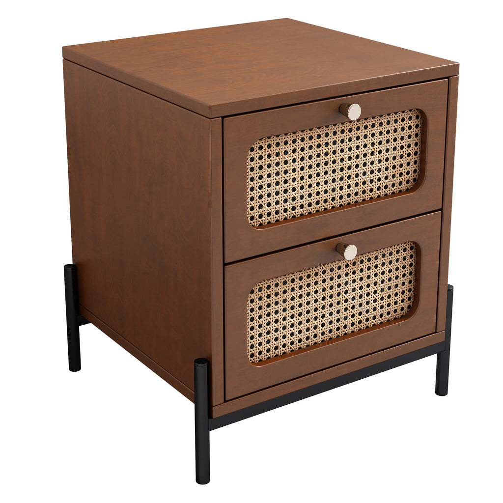 Walnut Rattan Wood 2-Drawer Side Table M582596