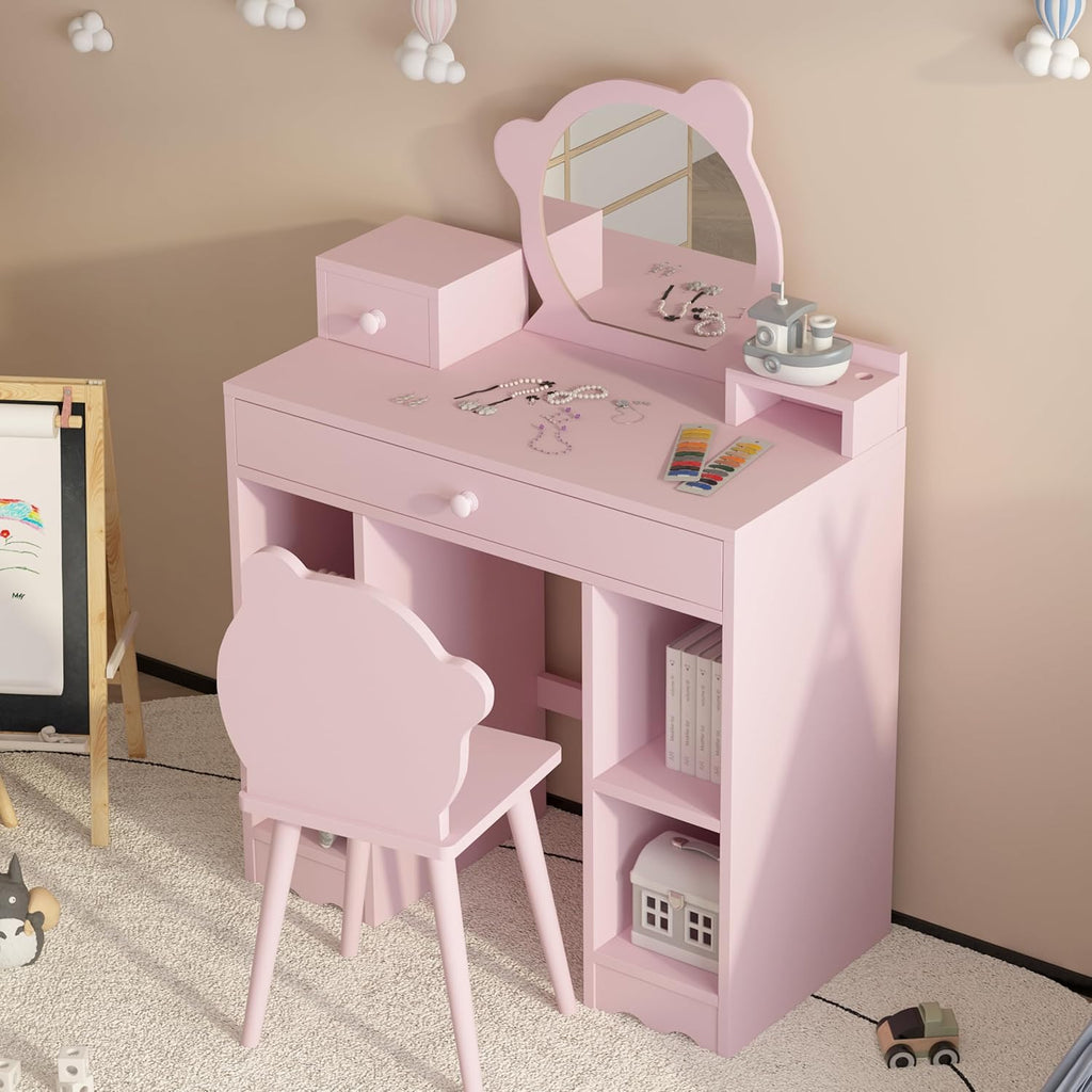 Pink Wooden Kids Vanity Set with Mirror & Stool R978