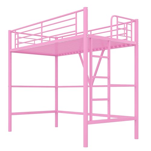 Twin Size Black Metal Loft Bed with Guardrails and Ladder I32268