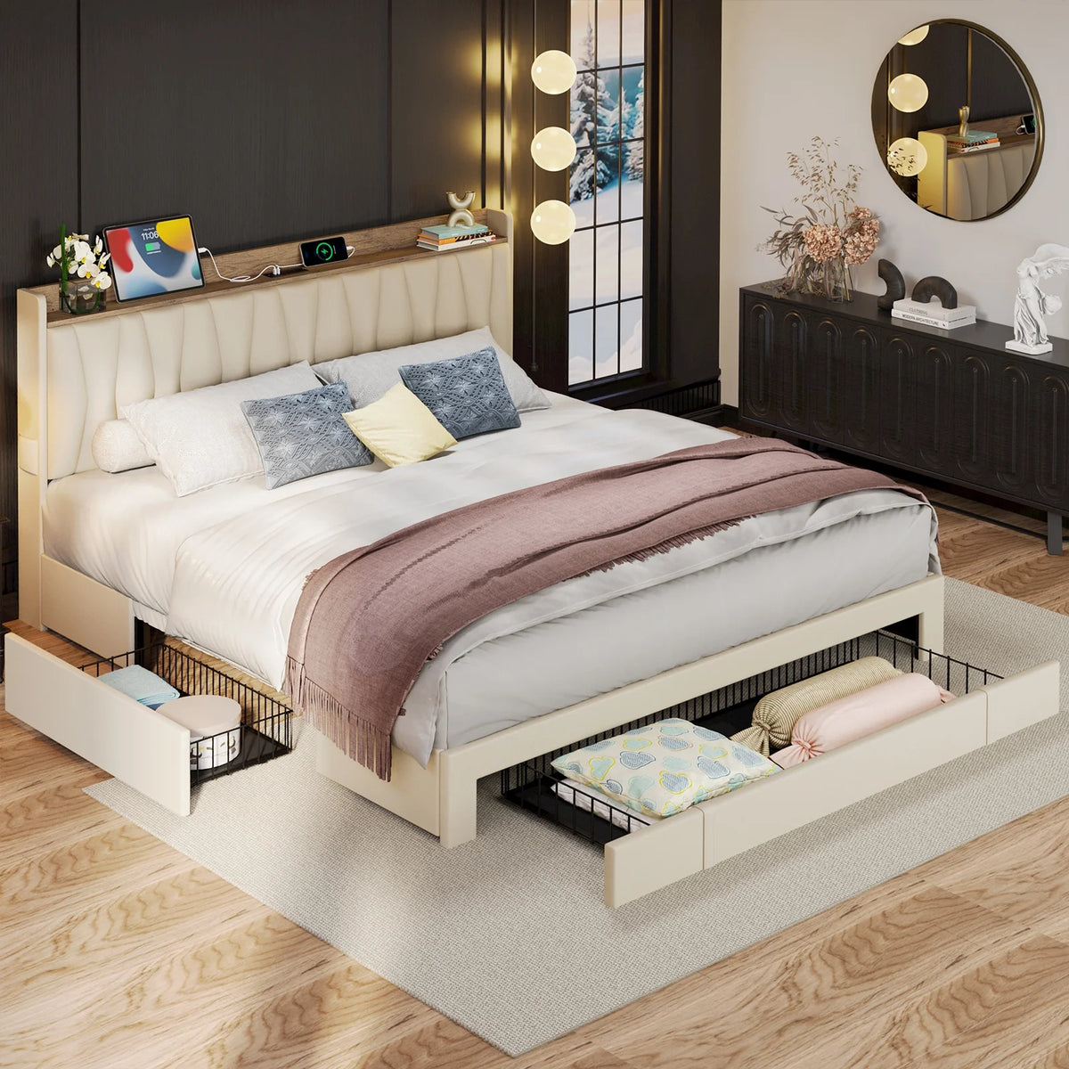 Queen Bed Frame with Upholstered Storage Headboard and 3 Drawers I26946