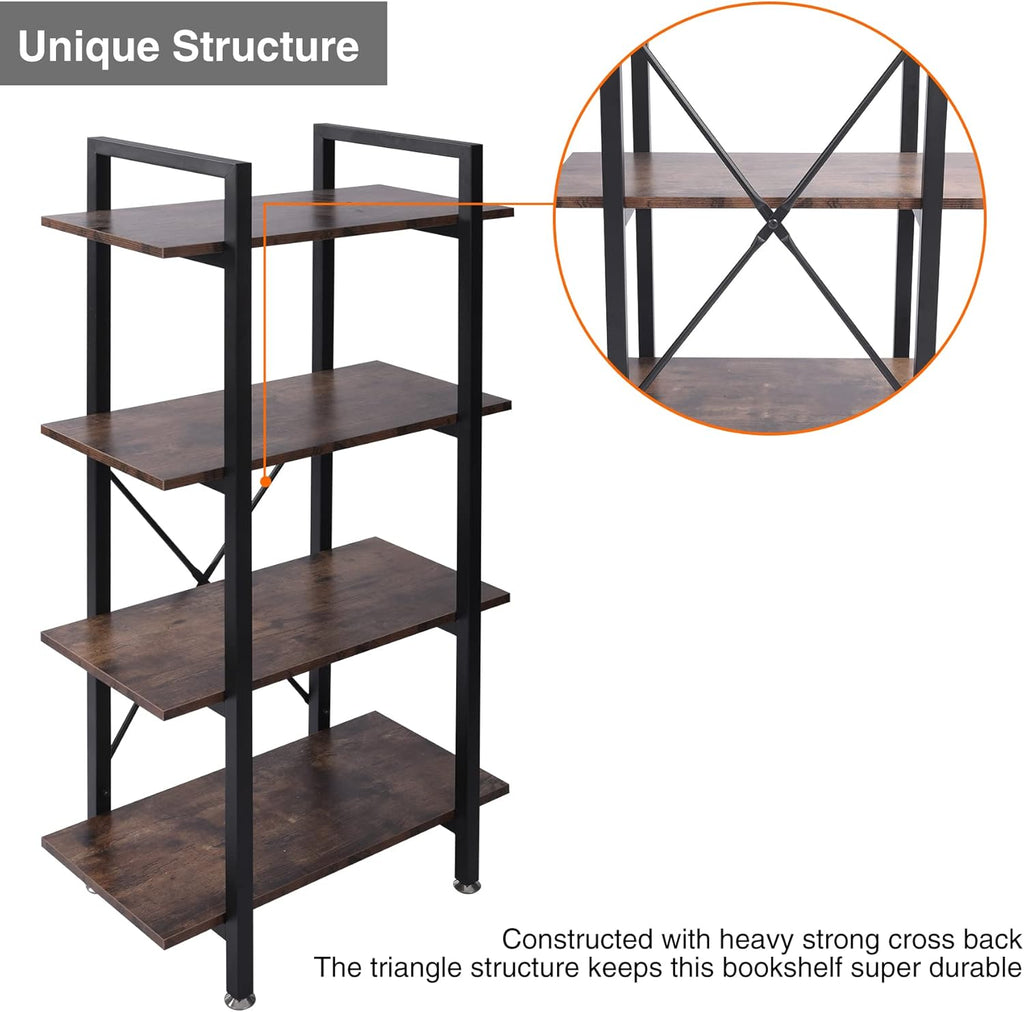 Industrial Bookshelf, 4 Tier Open Shelf Bookcase, Rustic Brown Q259