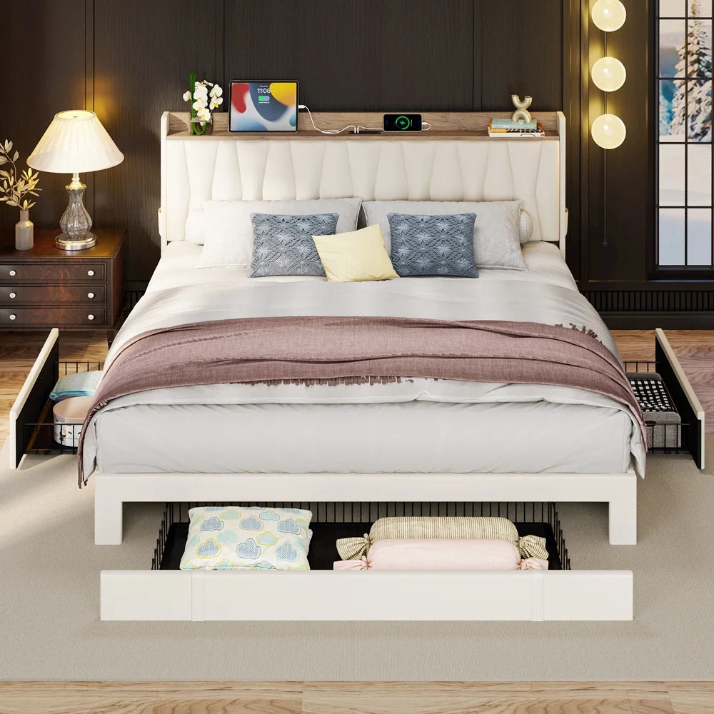 Queen Bed Frame with Upholstered Storage Headboard and 3 Drawers I26946