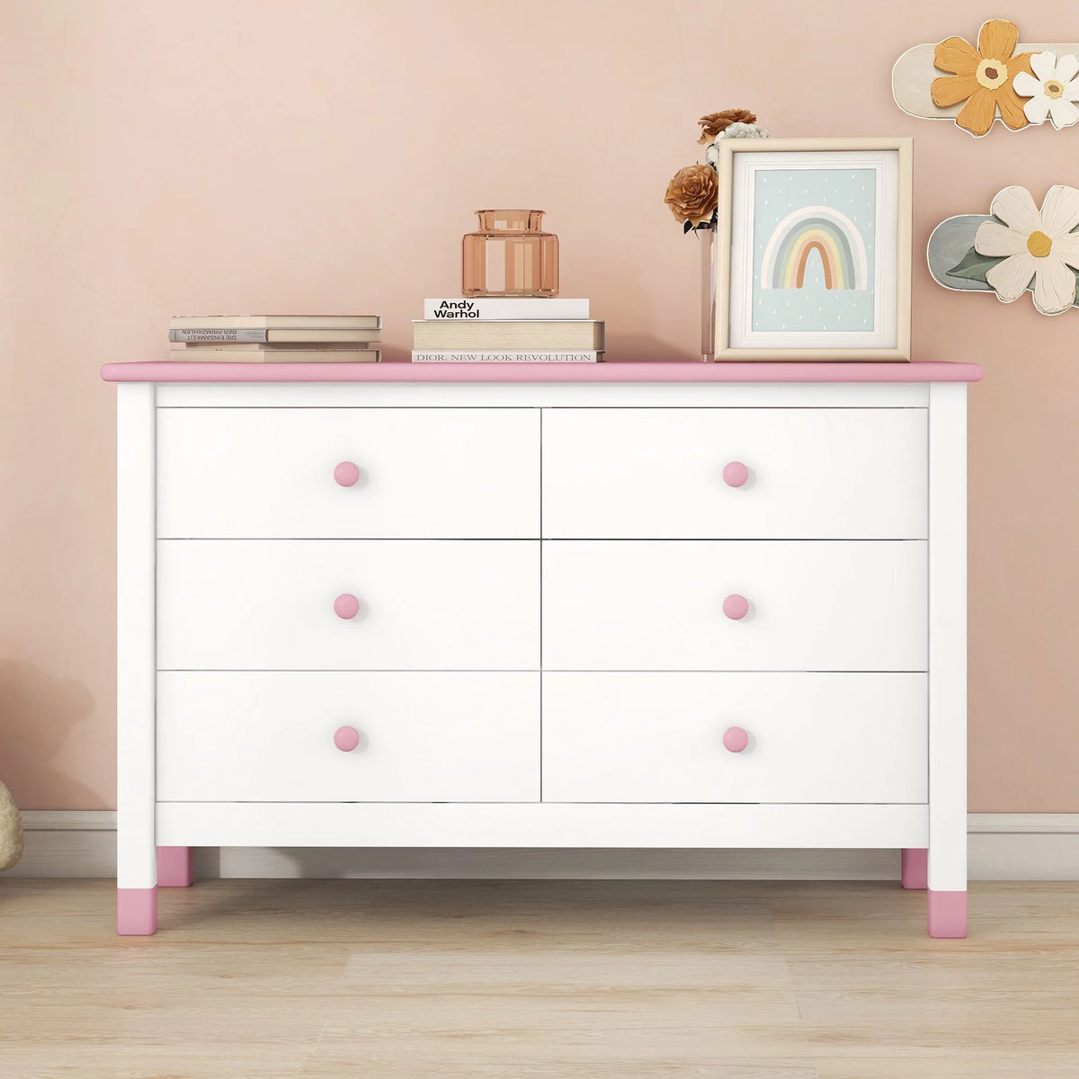 White Pink 6 Drawer Wooden Storage Dresser N7708