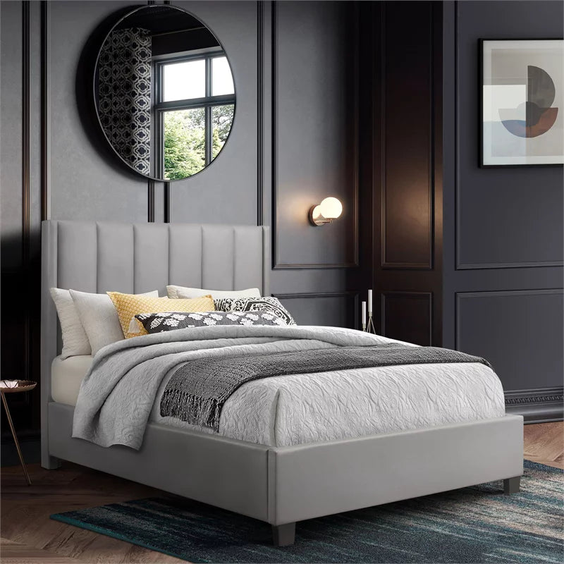 Gray Faux Leather Queen Upholstered Platform Bed D985