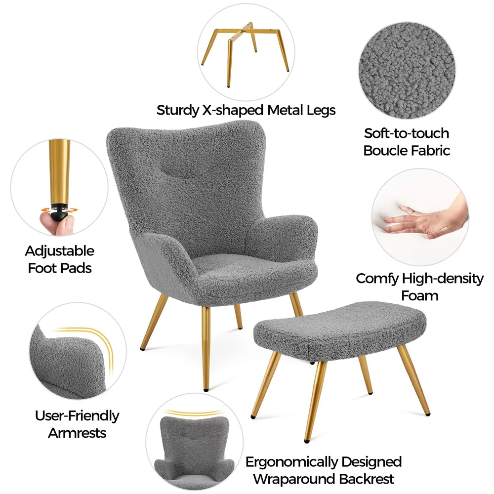 Gray Boucle Accent Chair and Ottoman Set with Golden Metal Legs J16099