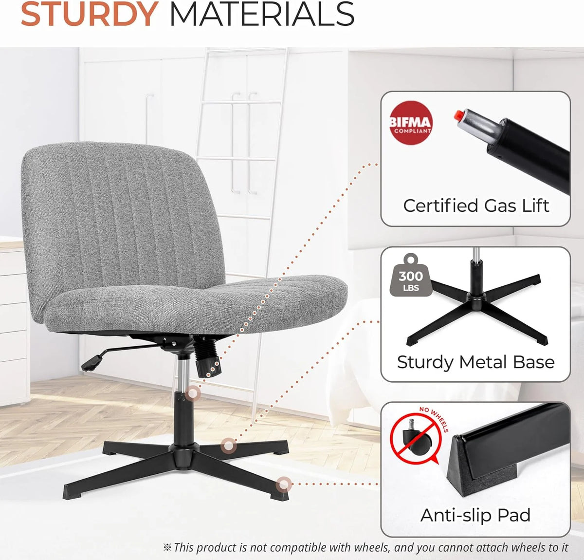 Cross Legged Fabric Padded Swivel Height Adjustable Wide Seat Office Chair P487326