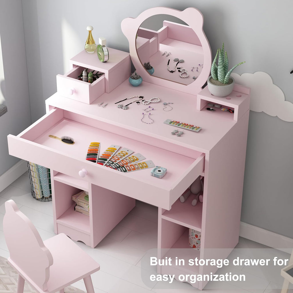 Pink Wooden Kids Vanity Set with Mirror & Stool R978