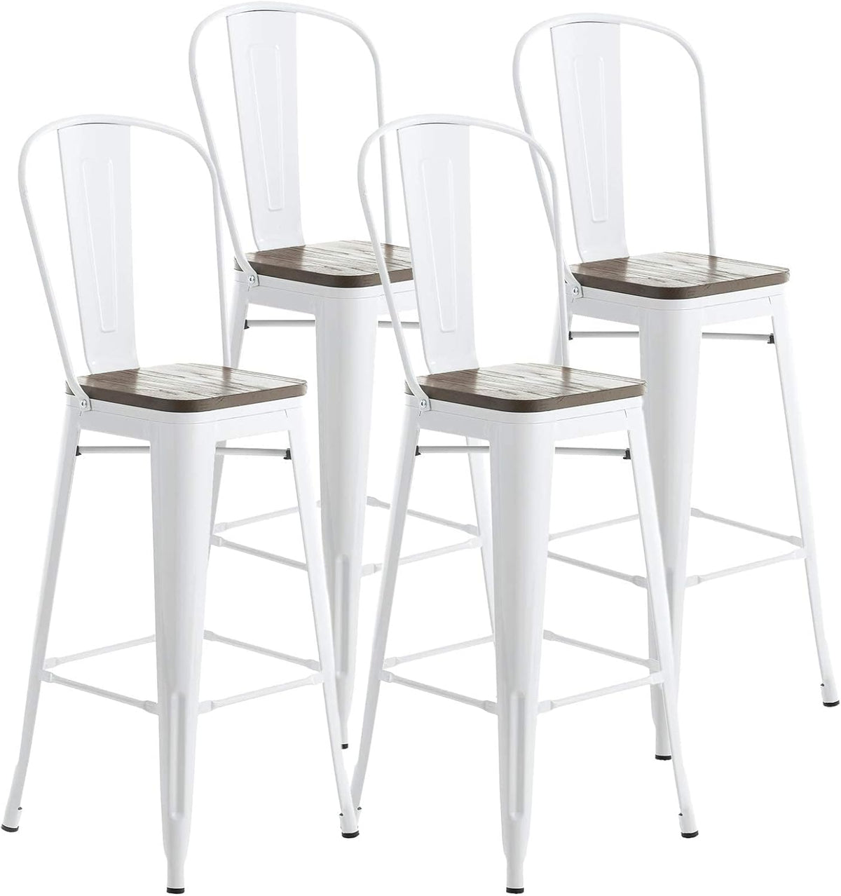 30” Metal Bar Stools Set of 4, High Back Wooden Seat, Stackable White M89403