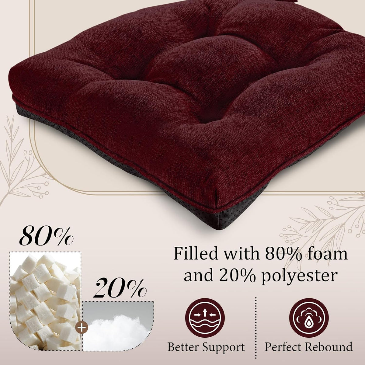 Burgundy 17" x 17" Memory Foam Chair Cushions with Adjustable Ties T95343