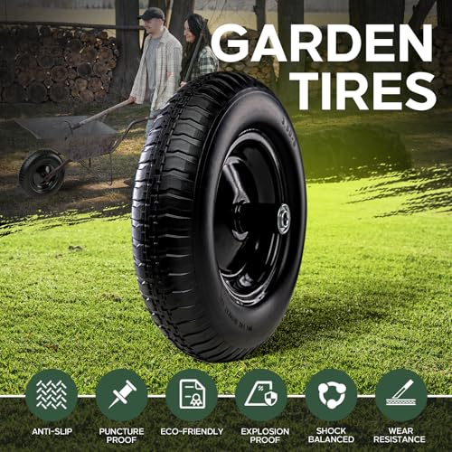 14 Inch 2 PCS Solid Flat Free Replacement Tires and Wheels 3.50-8 with 5/8'' Bearing L500