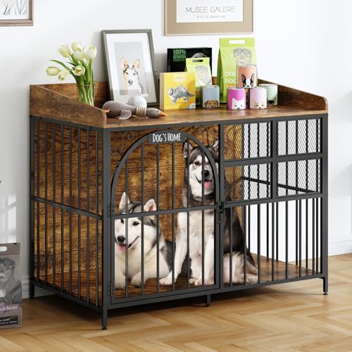 Large Dog Crate Furniture with Chew-Resistant Heavy Duty Wooden Dog Cage Rustic Brown G671