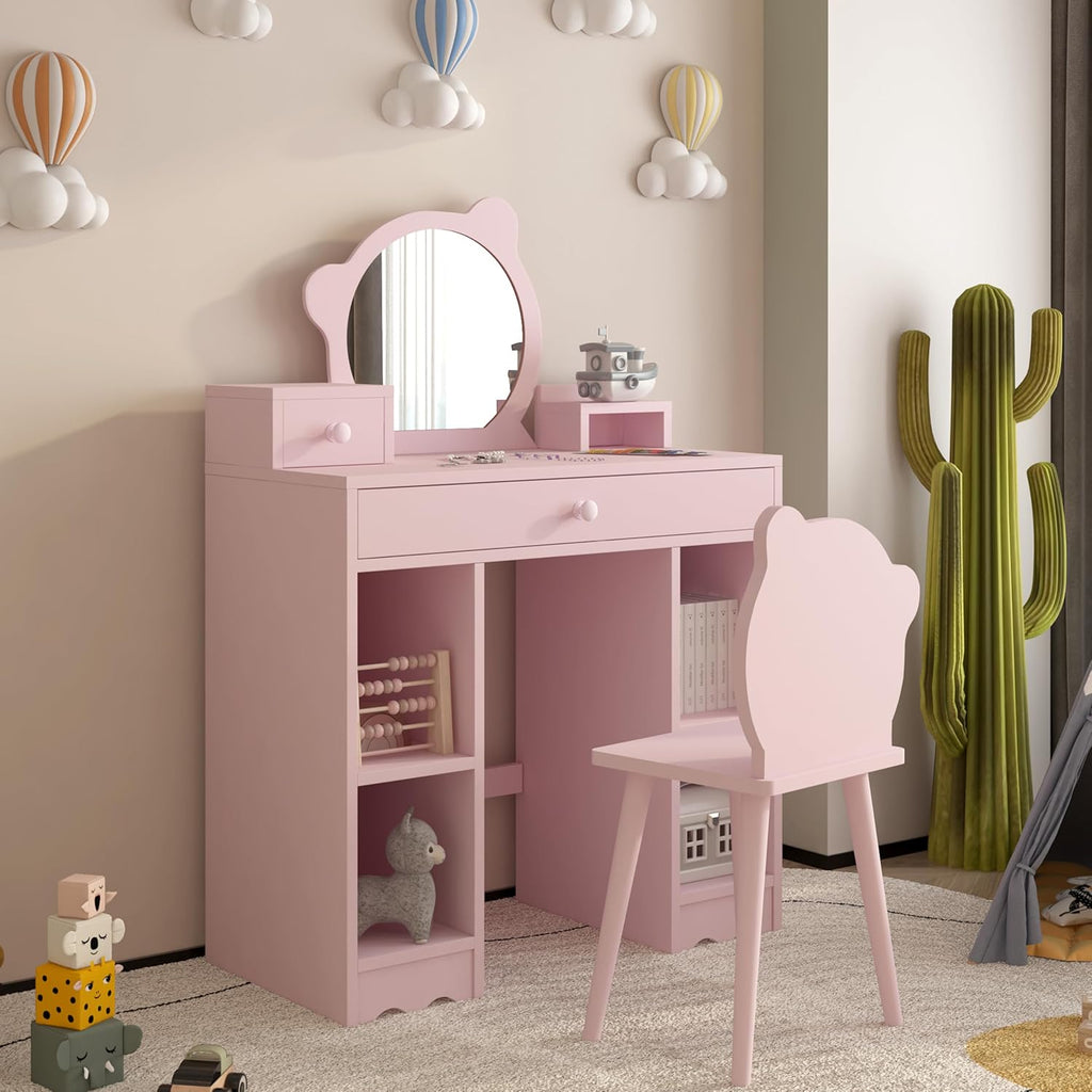 Pink Wooden Kids Vanity Set with Mirror & Stool R978