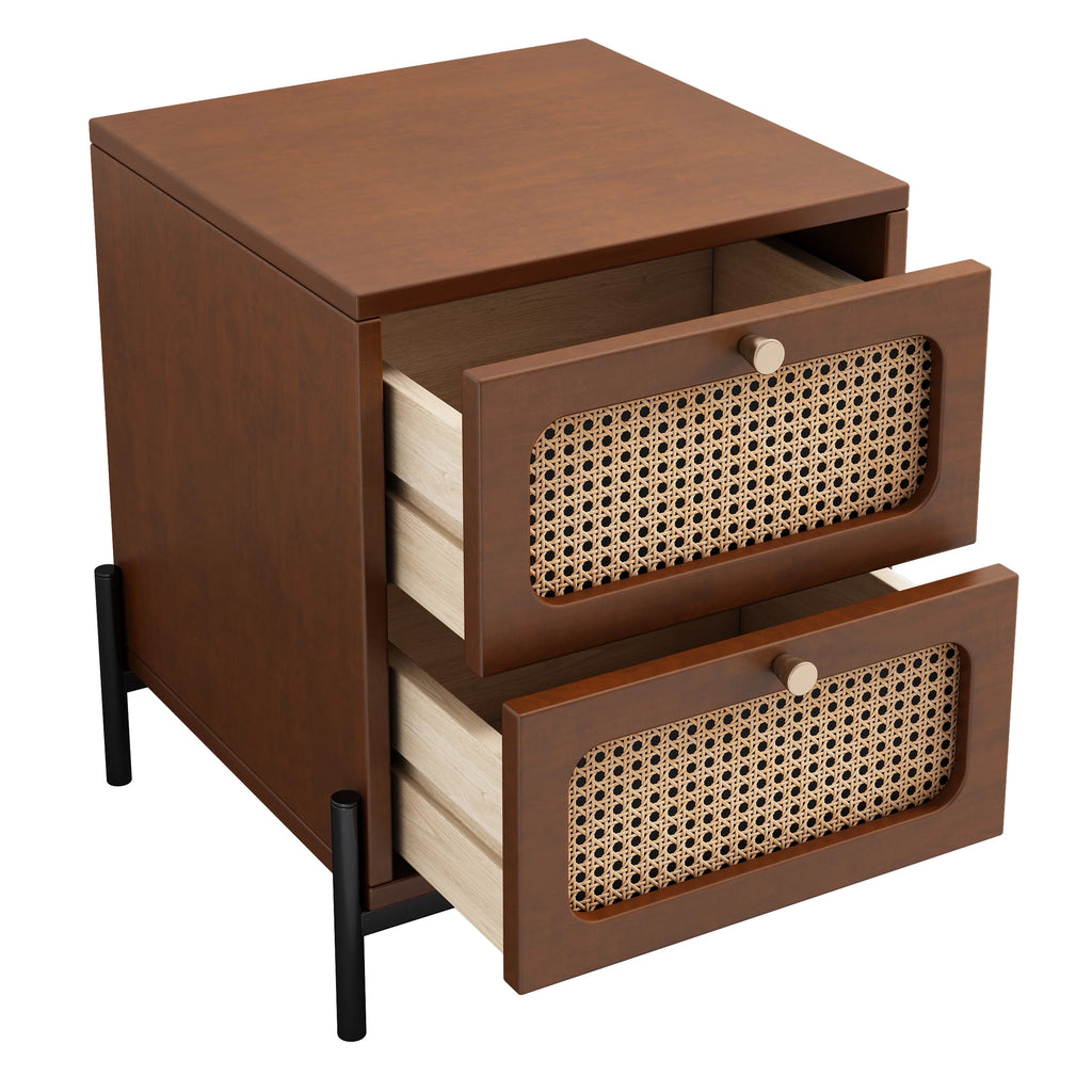 Walnut Rattan Wood 2-Drawer Side Table M582596