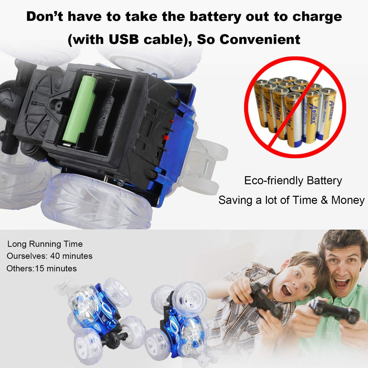 Remote Control Stunt Car with Colorful Lights & Music Switch, Rechargeable (Bule) H3008