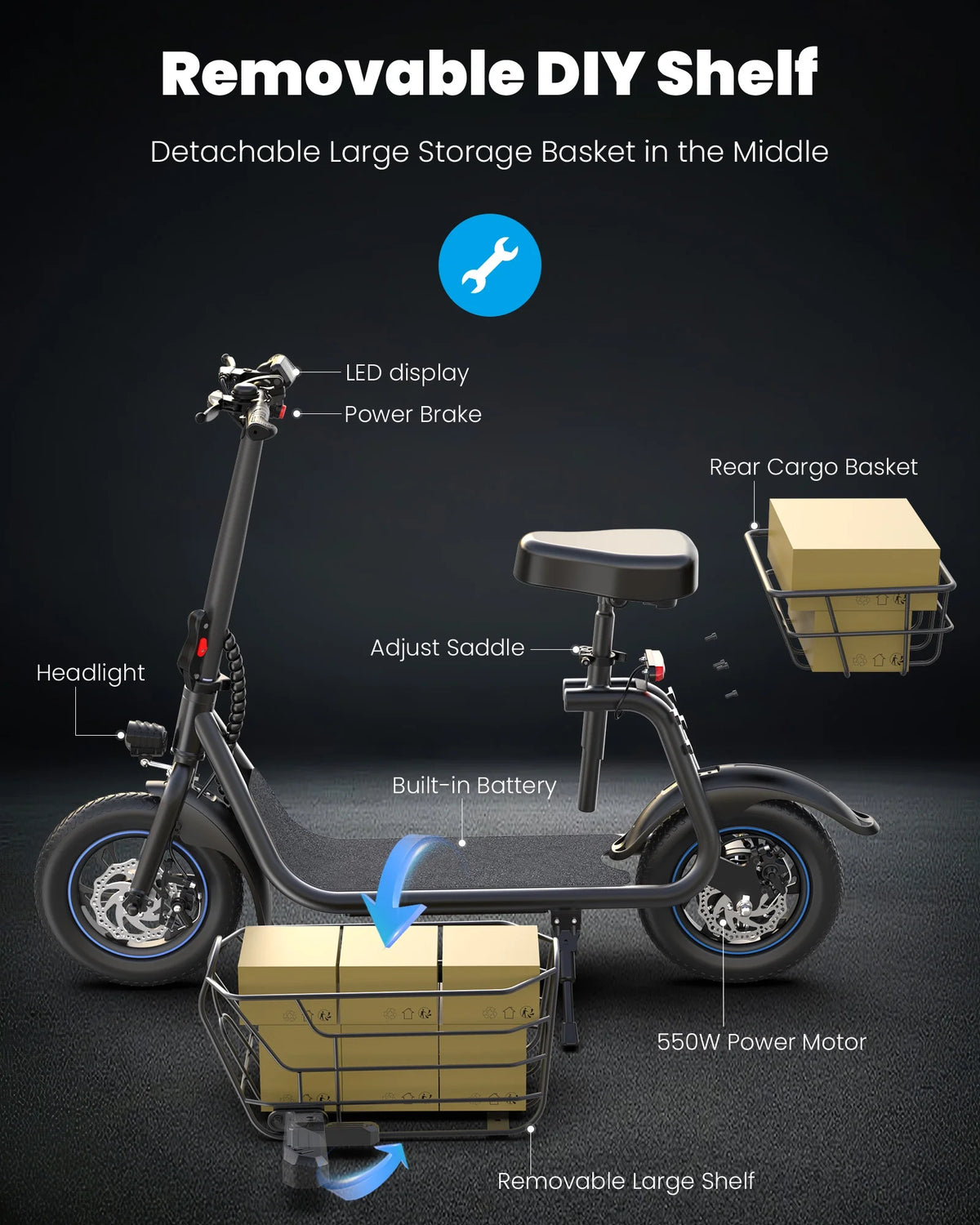 550W Electric Scooter with Seat, 12 inch, Front & Back Basket, up to 20 Miles 18.6MPH R173763
