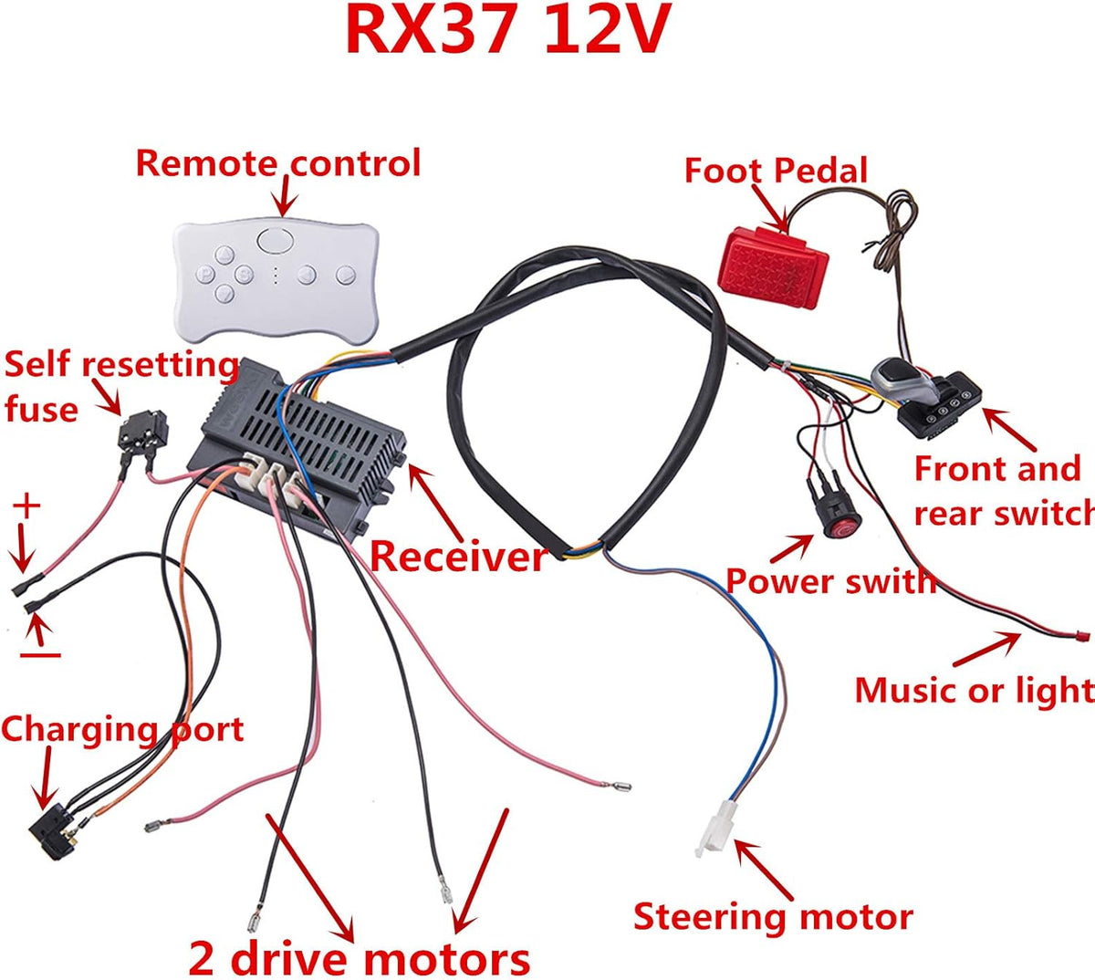 12 Volt Children Electric Car Wires and Switch Kit with 2.4G Bluetooth Remote Control and Receiver A9354