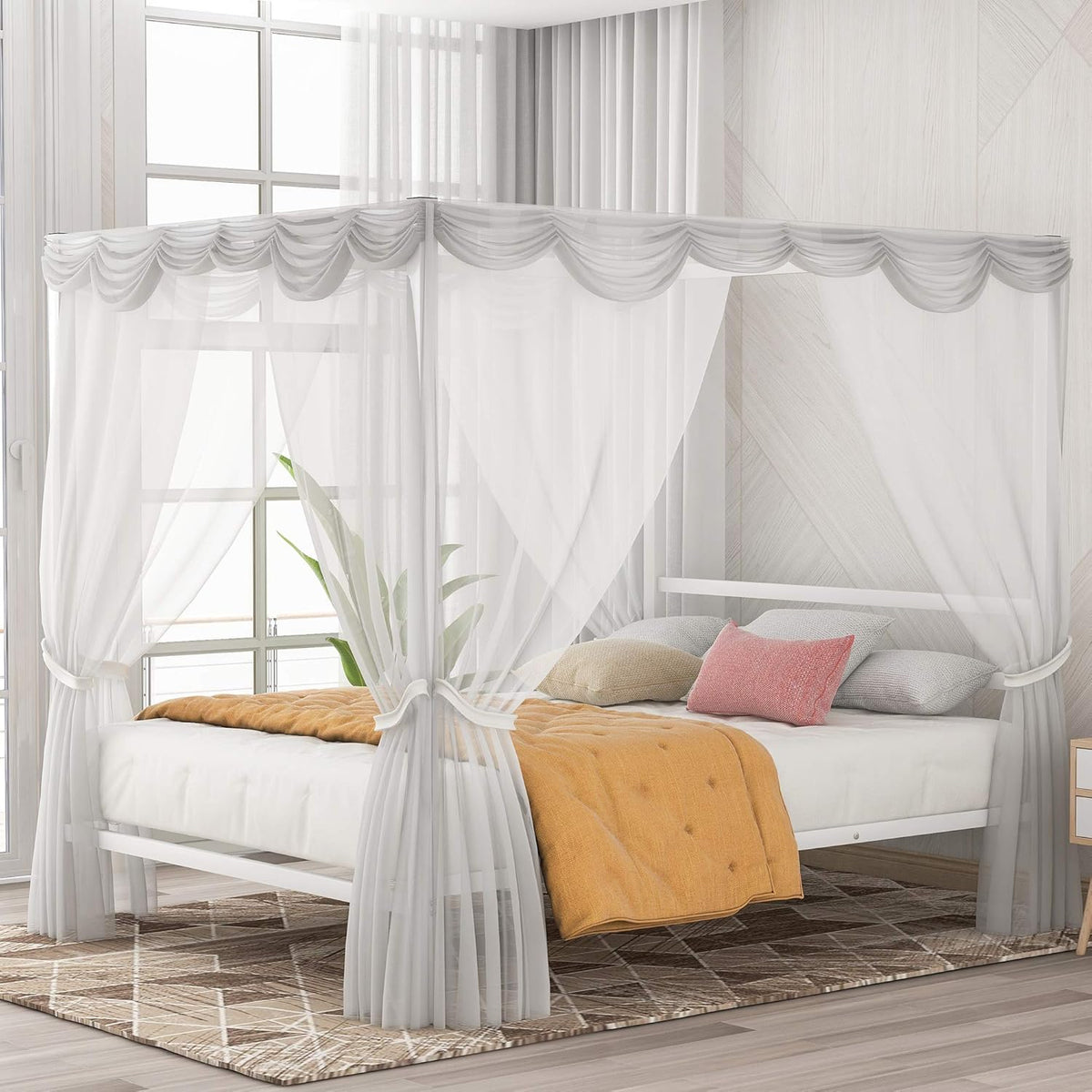 Queen Size Black Metal Canopy Bed Frame with Headboard J7030