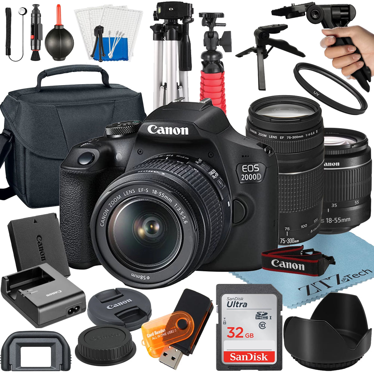 DSLR Camera Bundle with 18-55mm + 75-300mm Lens + 32GB Card + Case + Tripod G384