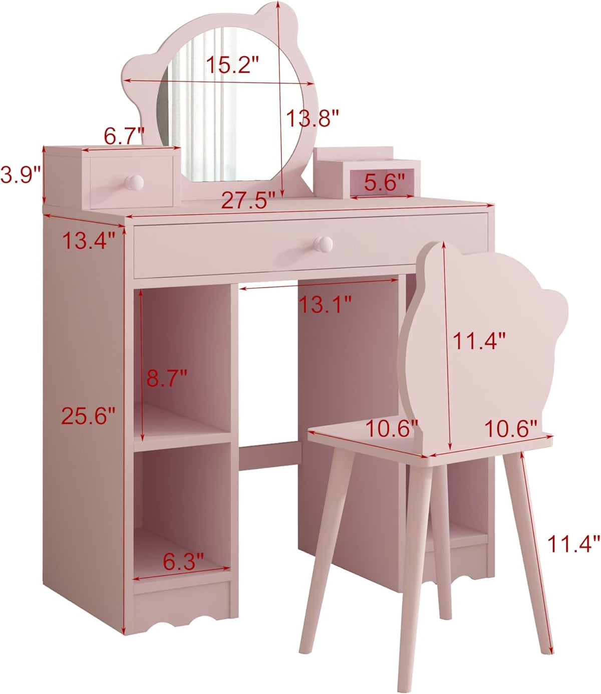 Pink Wooden Kids Vanity Set with Mirror & Stool R978
