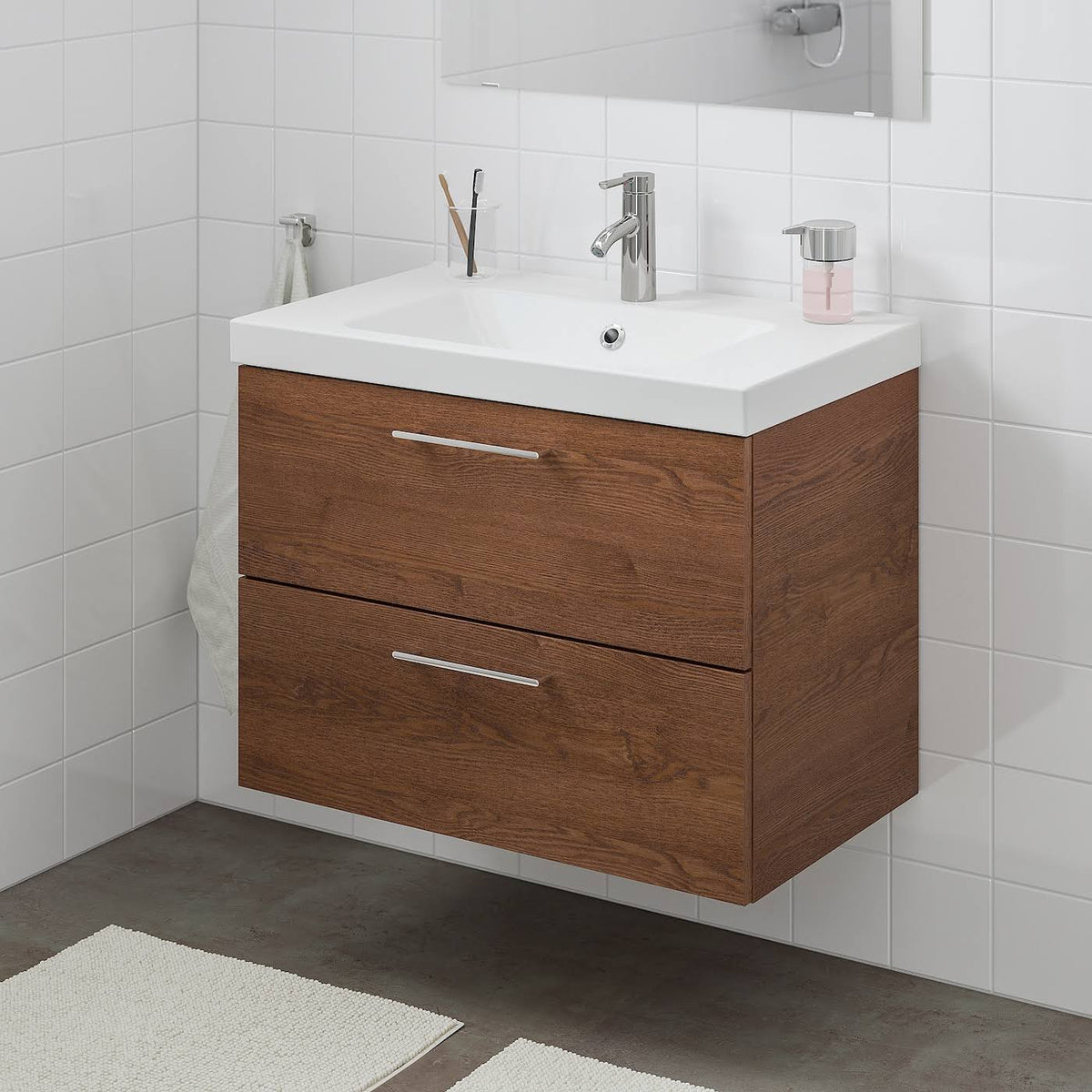 Brown Stained Ash Effect Sink Cabinet with 2 Drawers Q68845