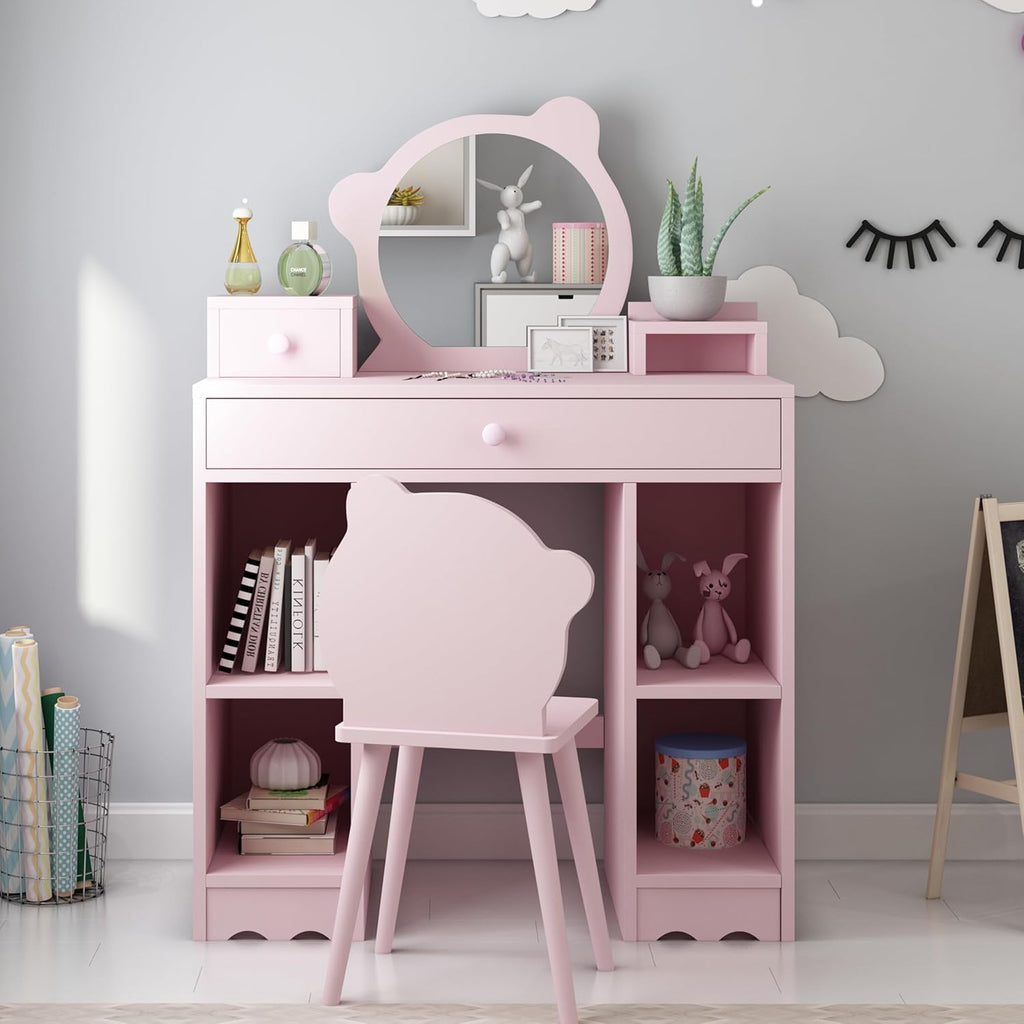 Pink Wooden Kids Vanity Set with Mirror & Stool R978