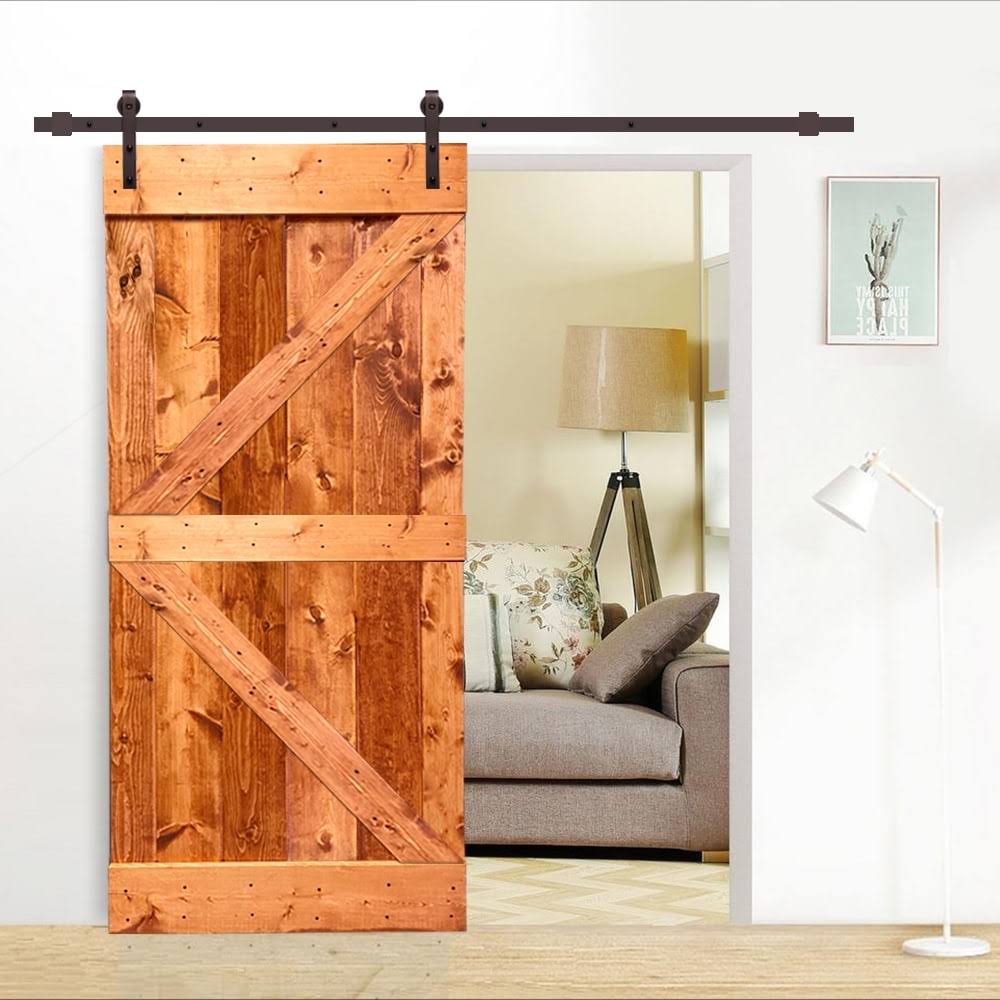 36 in. x 84 in. Red Walnut Stained Wood Interior Sliding Barn Door with Hardware Kit I89546