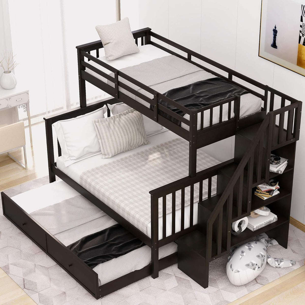 Twin Over Full Bunk Bed with 4 Storage and Staircase U41747