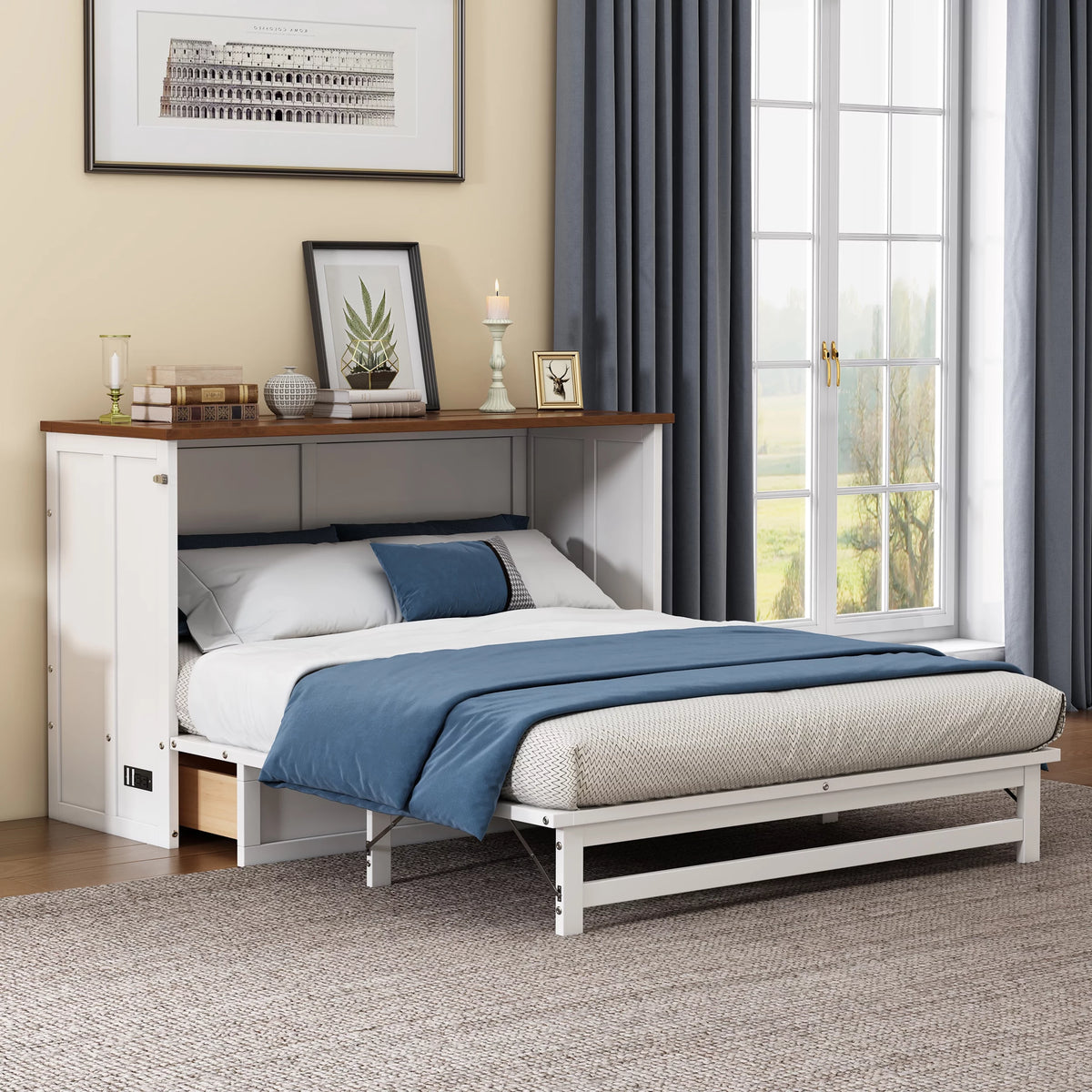 Queen Size Murphy Bed with Storage Drawer and Charging Station A2709